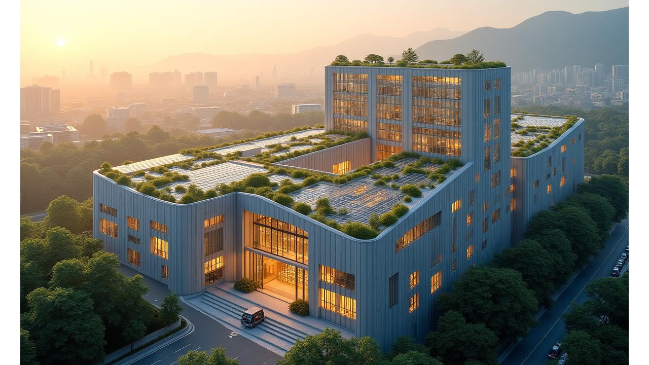 석양 아래 서울의 스카이라인을 배경으로 한 현대적인 지속가능한 건축물