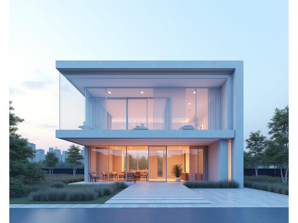 건축 설계 도면과 실제 건물이 조화롭게 어우러진 현대적인 건축물의 3D 렌더링