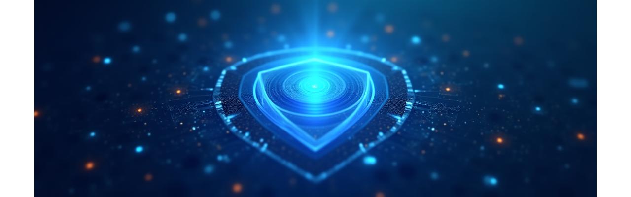 데이터 보호를 상징하는 푸른색 방패와 보안 레이어가 겹쳐진 이미지