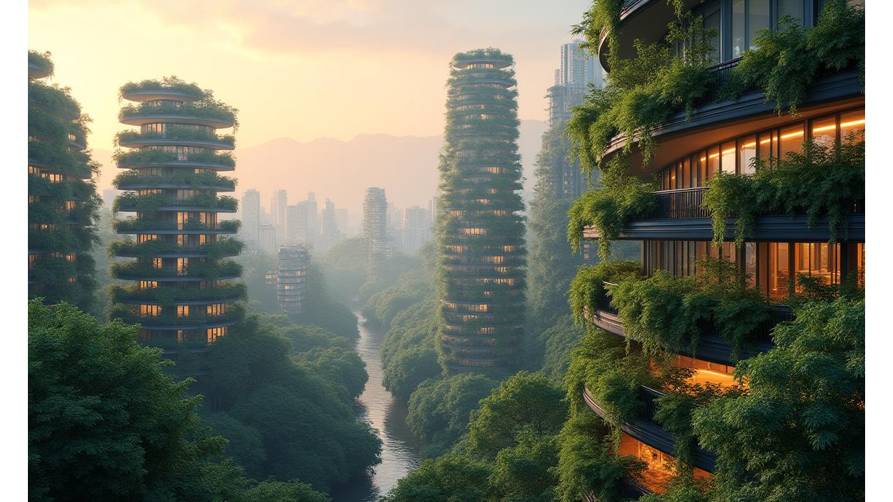 미래지향적인 친환경 도시 건축물 배경